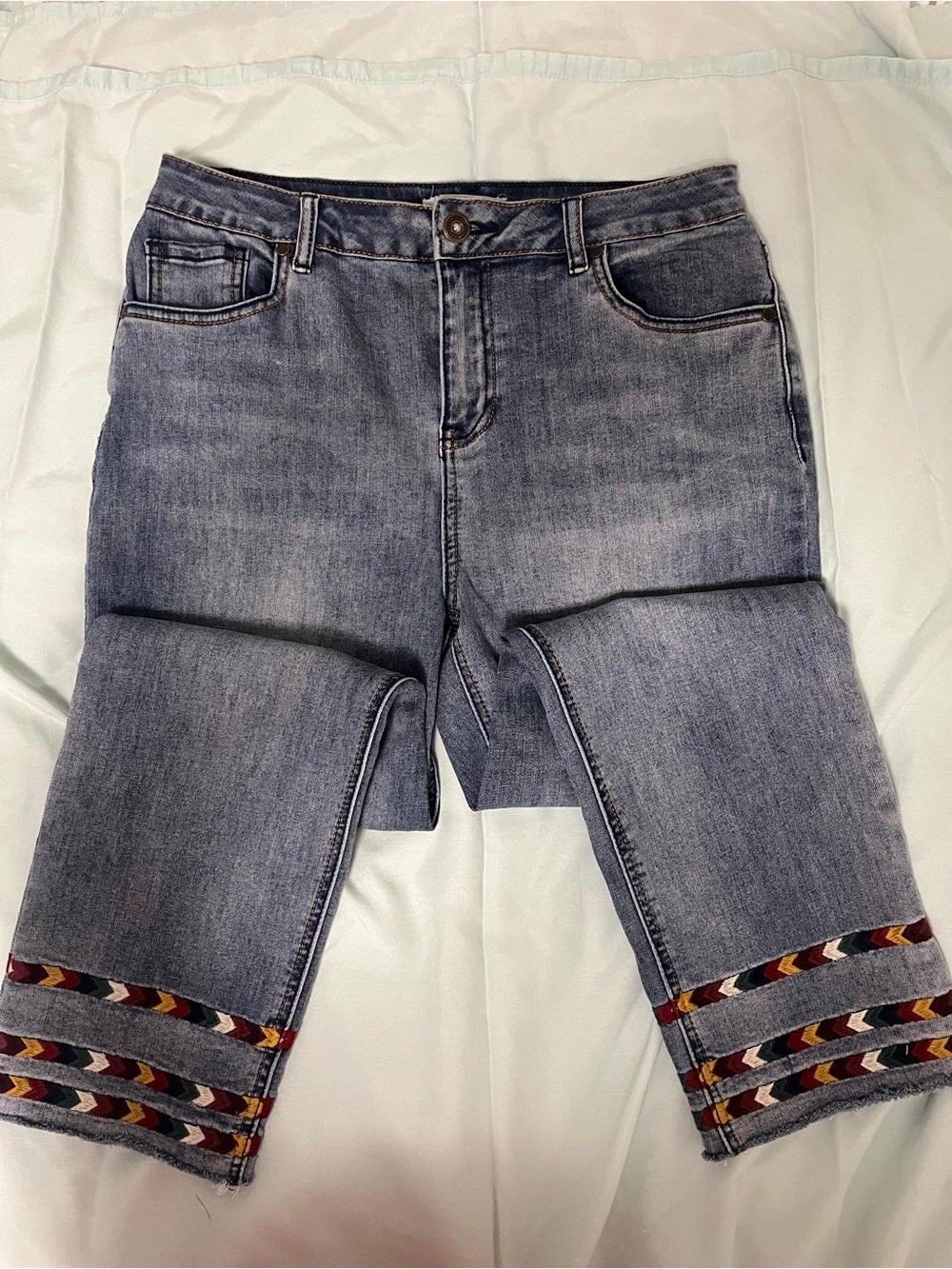 Women's Straight Leg Denim Jeans with Embroidered Hem Detail - Blue Size 10